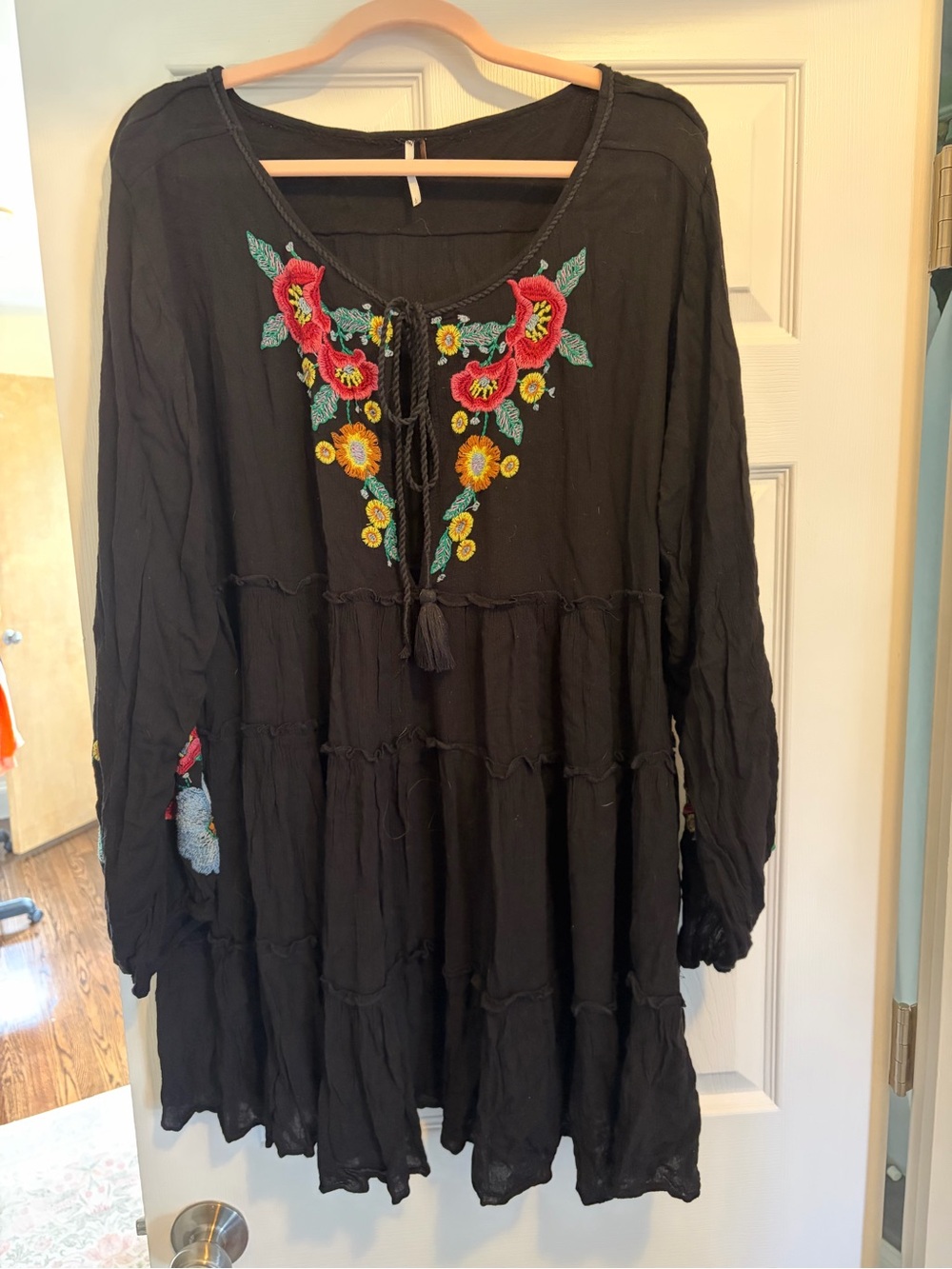 Free People Black Embroidered Boho Tunic with Floral Accents